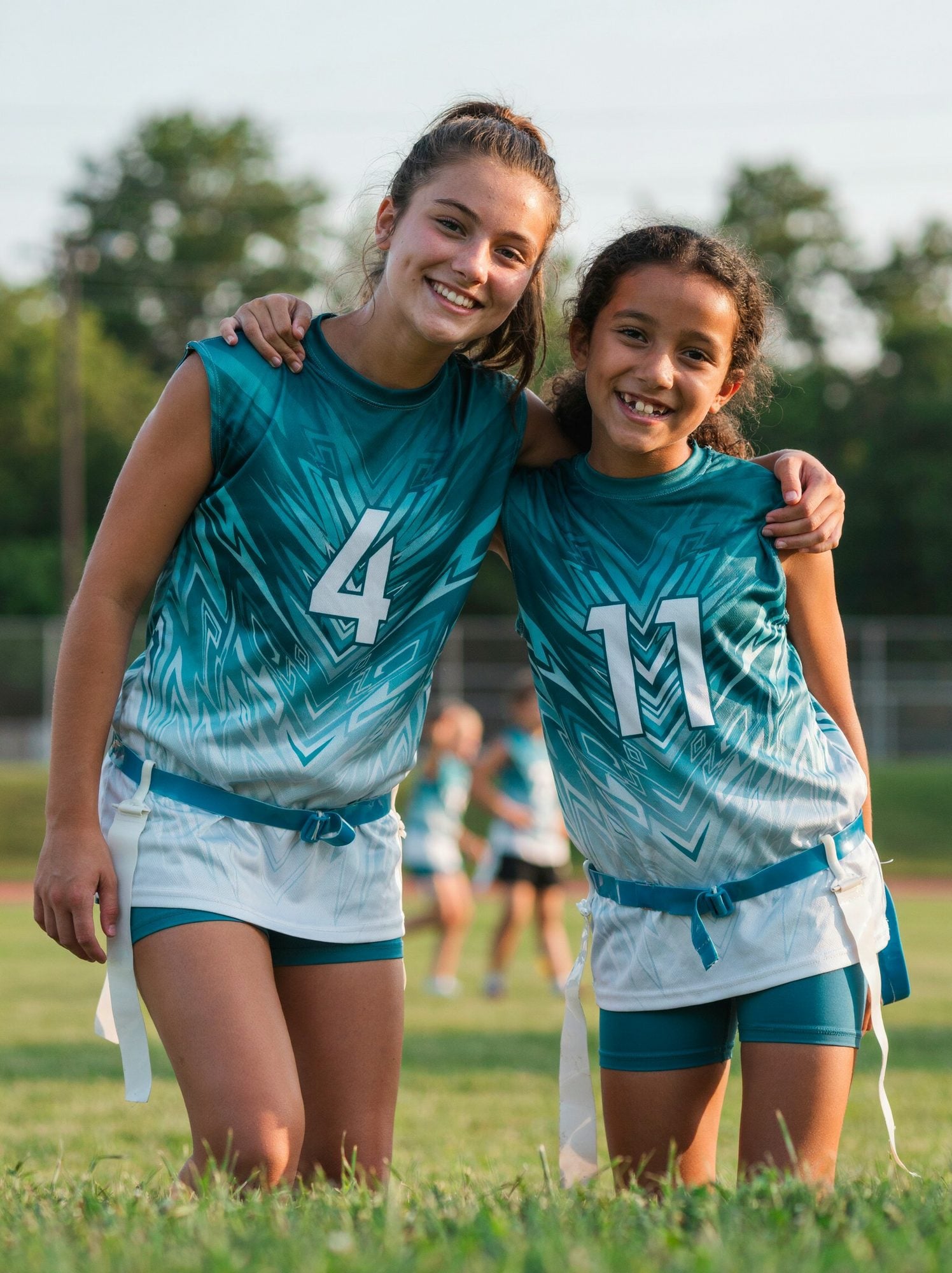 Two smiling flag football players in custom teal and white sleeveless jerseys with numbers 4 and 11